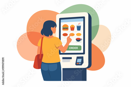 Customer Using Self Service Fast Food Kiosk Vector Illustration