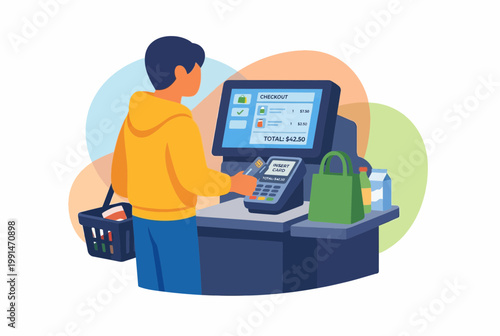 Customer paying at a self-checkout terminal in a retail store
