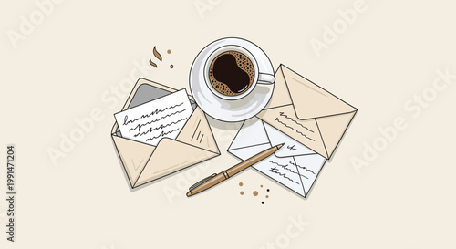 Cozy workspace scene with a cup of black coffee several open and closed envelopes and a fountain pen on a neutral surface.