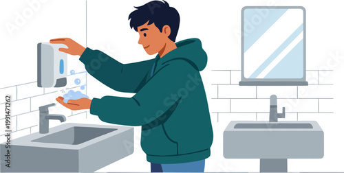 A man in a green hoodie uses a hand sanitizer dispenser in a bathroom with sinks.