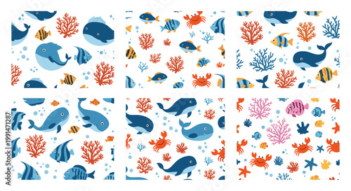 Set of six underwater themed seamless patterns featuring cute illustrations of whales colorful fish orange crabs and coral reefs.