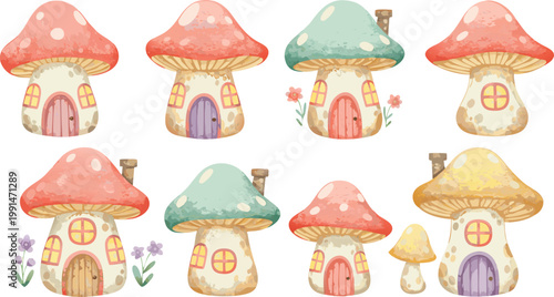 Whimsical watercolor illustration of eight colorful mushroom houses in various shapes and sizes on white background
