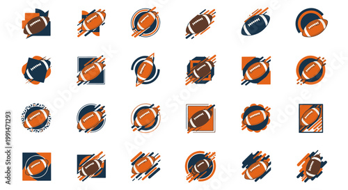 Collection of Flat Design American Football Icons with Dynamic Lines