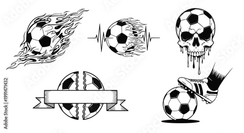 Dynamic Football Action Symbols with Flames Skull and Ribbon Banner