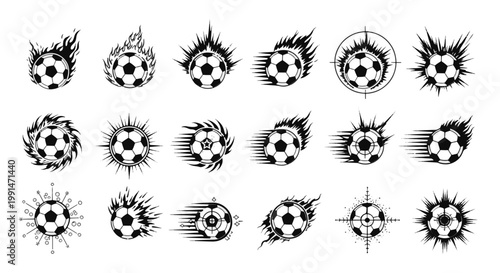 Dynamic Football Icon Collection Featuring Soccer Balls with Flames Explosions and Motion Streaks