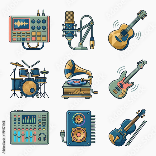 Professional Studio Audio Gear and Musical Instrument Icon Set