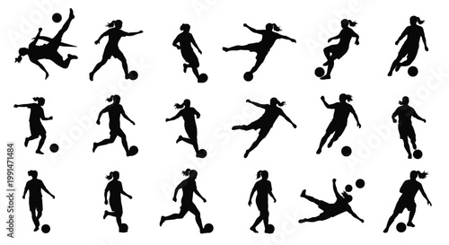 Dynamic Silhouettes of Women Playing Football in Various Action Poses
