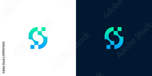 Modern abstract letter S logo design, elegant geometric shape with digital pixelated elements and gradient colors