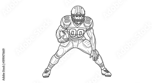 American Football Player in Stance with the Ball in His Hands