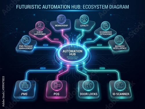Futuristic Automation Hub Ecosystem Infographic for Hotel Management System