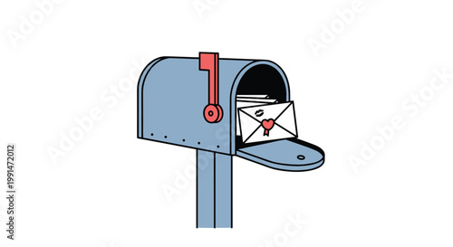 Blue mailbox with its door open revealing a white envelope sealed with a red heart sticker tucked inside on white.