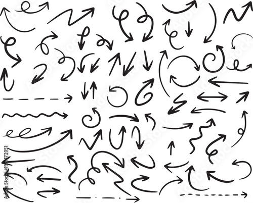 Set of hand drawn doodle arrows. Vector illustration of black sketchy arrow signs, pointers, and curves for design elements and infographics.