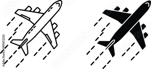Two airplane one outline and one solid black silhouette with motion dash lines aircraft