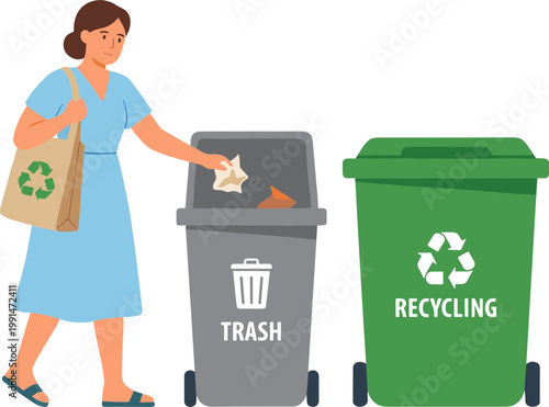 Woman throwing trash into bins for recycling and waste management at home.
