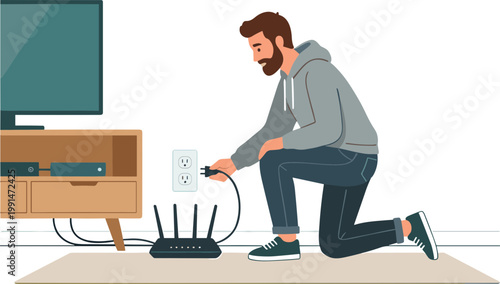 Man installing router next to TV on entertainment center in living room