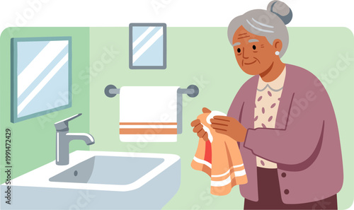 An elderly woman is washing her hands with soap in a bathroom.