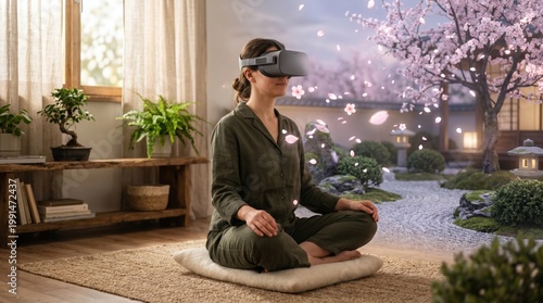 Meditative virtual reality experience in tranquil home garden with cherry blossoms