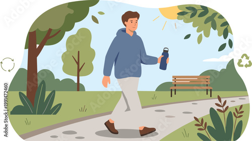 Man walking on a path in the park with a bottle and leaves