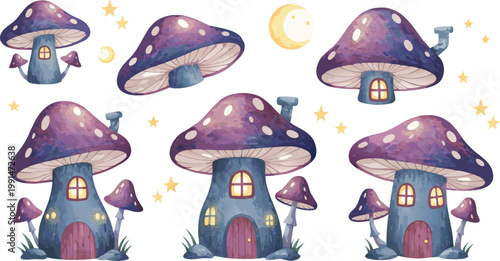 Whimsical purple mushroom houses with windows and doors in a fantasy setting