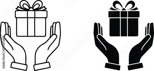 Two hands holding a gift box, black and white line and solid silhouette set present