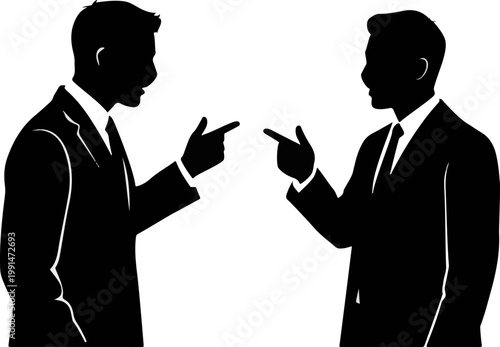 Two professional businessmen in suits pointing fingers at each other in a heated dispute during a difficult office work meeting