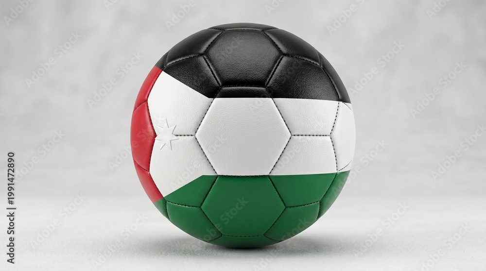 Fototapeta premium Soccer Ball with Palestine Flag: This soccer ball features the colors of the Palestinian flag, set against a neutral background, making it an ideal choice for sports and cultural themes.