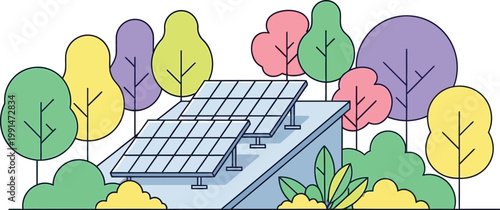 Solar panels on roof with colorful trees flat vector illustration