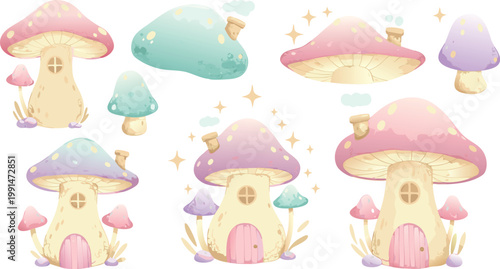 Whimsical illustration of colorful mushroom fairies in a fantasy setting with pastel hues and soft lighting