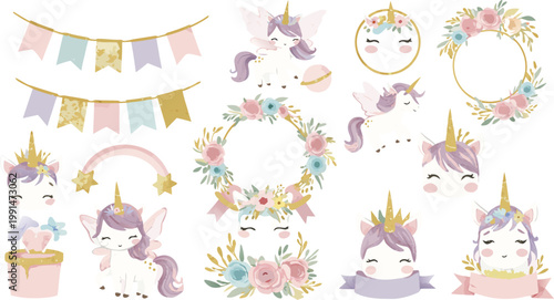 Whimsical unicorn party elements with banners and decorations in pastel colors