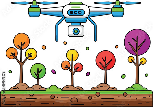 Eco drone planting trees vector illustration environmental technology