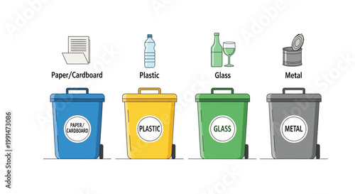 Eco-friendly waste sorting solution separate bins for paper, plastic, glass, and metal