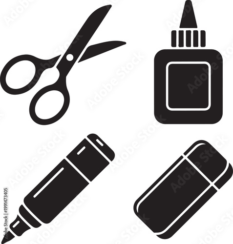 Stationery collection including scissors, glue bottle, felt tip marker, and rectangular eraser