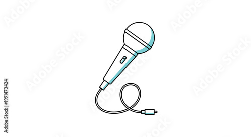 Simple line art illustration of a professional microphone with a coiled cable on a white background for podcast and audio recording themes.
