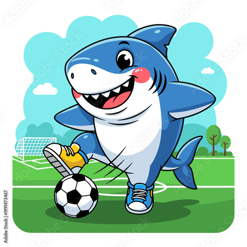 Cute Cartoon Shark Playing Soccer on Field with Ball Illustration