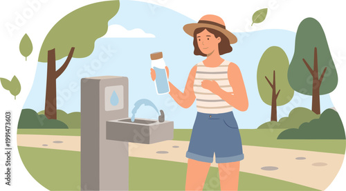 Woman refills water bottle at outdoor drinking fountain in park