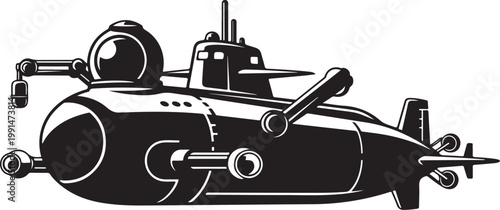 Black submarine vector icon, nautical symbol, ocean vehicle, marine illustration