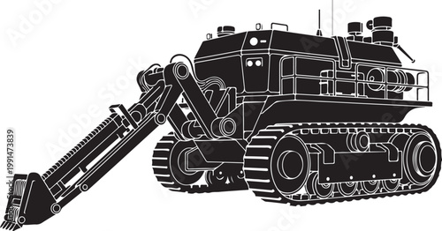 Heavy duty excavator, industrial construction equipment, black silhouette, vector illustration, heavy machinery
