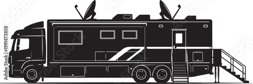 Motorhome, RV, recreational vehicle, travel trailer, vector illustration, black and white