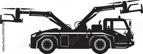 Black silhouette tow truck, vehicle recovery truck, crane arm, industrial transport
