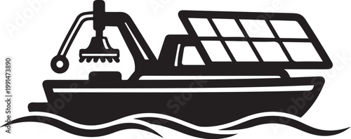 Solar boat, eco friendly vessel, renewable energy, black vector icon