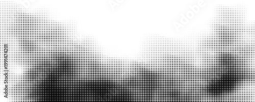 Abstract halftone faded gradient texture. Dotted smoke clouds retro style. White and black noise background.
