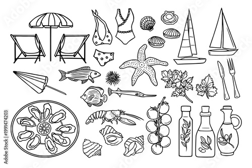 Mediterranean summer doodle elements collection. Whimsical black line vector art with sketch yachts, bathing accessories, deck chairs, beach umbrellas, olive oil, seafood, etc.