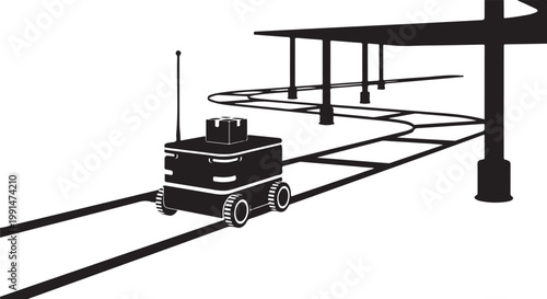 Robot, autonomous vehicle, industrial robot, black and white, vector illustration, factory automation, robotics