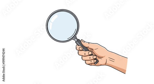 Detailed illustration of a human hand holding a classic magnifying glass for search, discovery, and inspection themes on white.