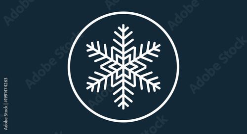 Minimalist white snowflake icon enclosed in a thin circle set against a deep navy blue background for winter holiday designs.