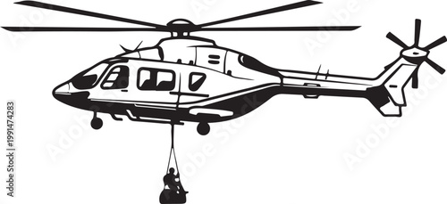 Rescue helicopter, vector illustration, black and white, aircraft lifting person, emergency response