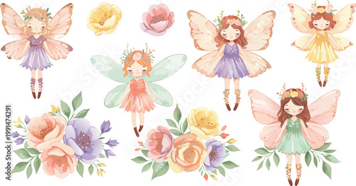 Whimsical watercolor illustrations of fairies and flowers in pastel colors on white background