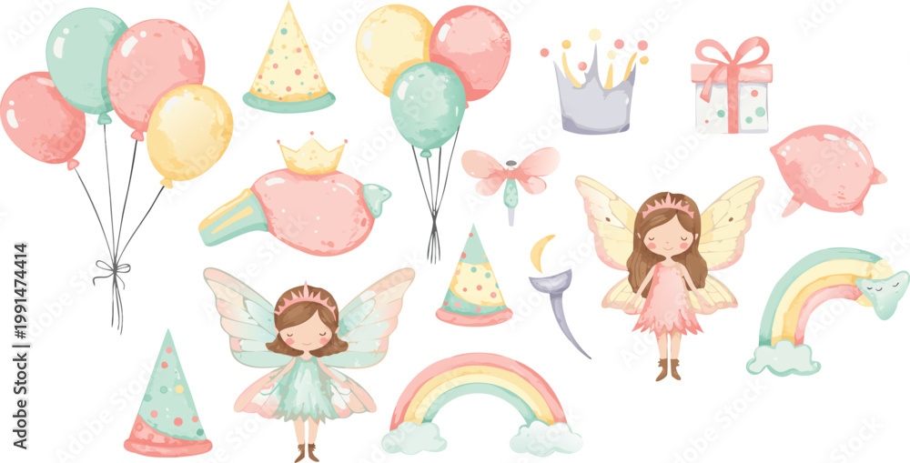 Fototapeta premium Whimsical pastel birthday party elements with cartoon girls and decorations