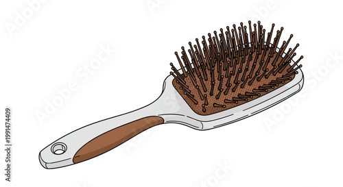 Simple illustration of a classic paddle hairbrush with brown bristles and a gray handle for daily hair care and grooming themes.