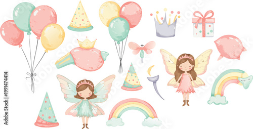 Whimsical pastel birthday party elements with cartoon girls and decorations